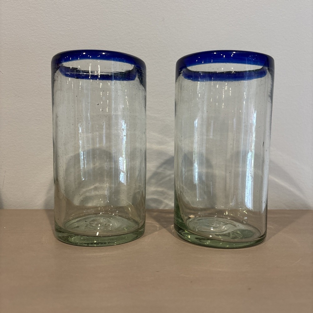 2-Set Hand Blown Mexican Recycled Glass Cobalt Blue 6" Rim Drinking Glasses